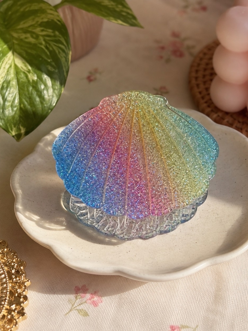 Rainbow Glitter Seashell Claw Hair Clip